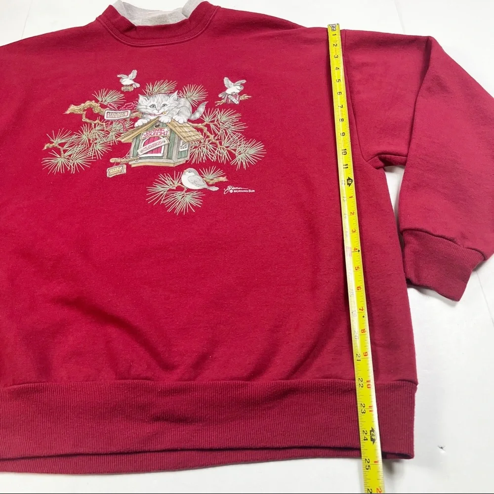 Vintage Cat Sweatshirt size Large Birds Nature Red Pullover - Picture 8 of 10